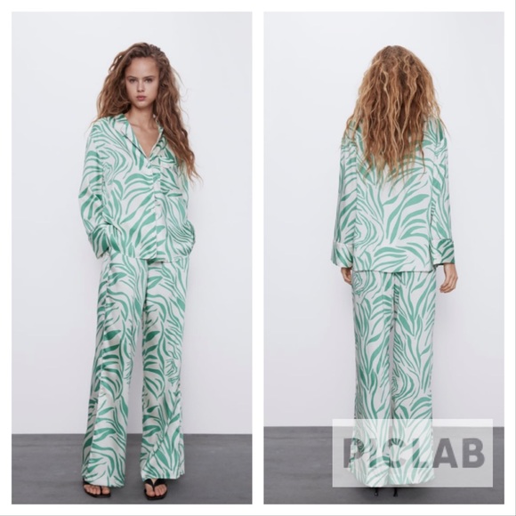 Zara Pants - Zara green/ ecru print pajama style top and pants matching set NWT